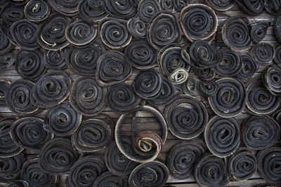 Full frame shot of old stacked stack