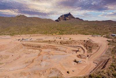 Scenic view of desert against cloudy sky