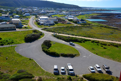 High angle view of cars on road in city