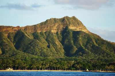 Scenic view of mountain by sea against sky