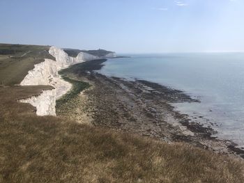 Scenic view of beach against clear sky
