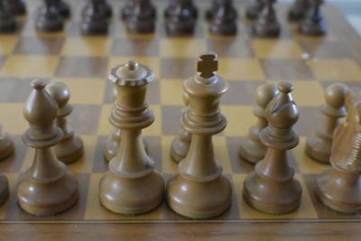 High angle view of chess pieces