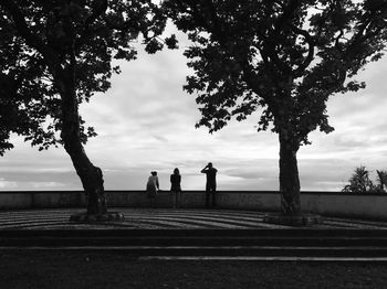 Silhouette people by tree against sky