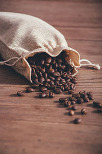 High angle view of coffee beans on table