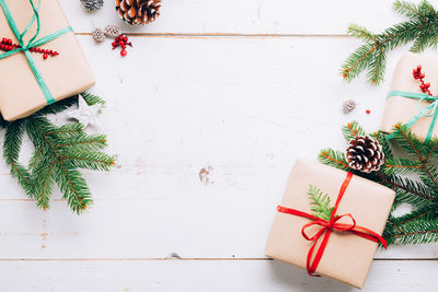 High angle view of christmas decorations on table