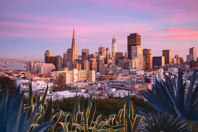 High angle view of cityscape against sky during sunset