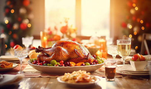 Close-up of christmas decorations on table