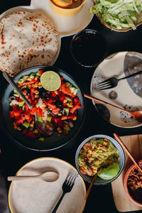 High angle view of breakfast served on table