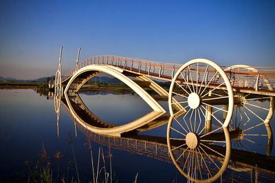 Ferris wheel by river against clear blue sky