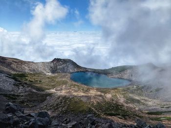 Panoramic view of volcanic landscape against sky