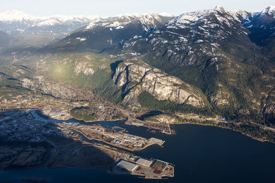 High angle view of snowcapped mountains during winter