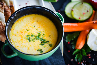 High angle view of soup in bowl on table