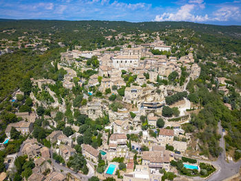 High angle view of buildings in town