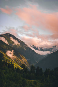 Scenic view of mountains against sky during sunset