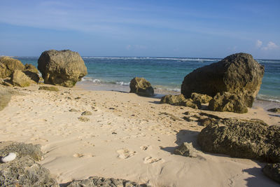 Rocks on beach against sky