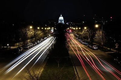 Light trails on city street at night