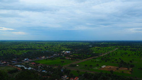 High angle view of buildings in city against sky