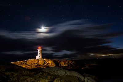 Lighthouse at rocky beach against sky at night