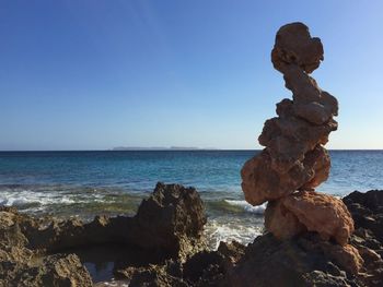 Close-up of rock formation in sea against clear blue sky