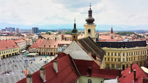 High angle view of town against sky