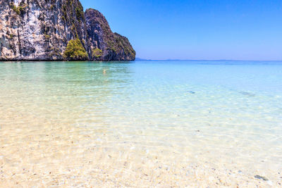 Scenic view of sea against clear blue sky