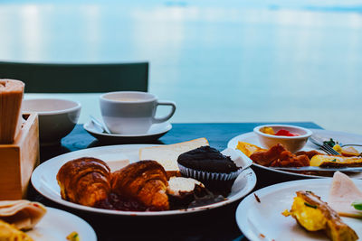 High angle view of breakfast served on table