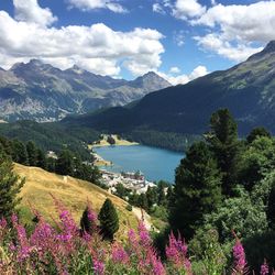 High angle view of lake along countryside landscape