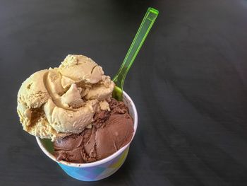 Close-up of ice cream in bowl on table