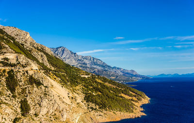 Scenic view of sea and mountains against blue sky