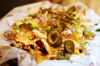 Close-up of nachos on paper