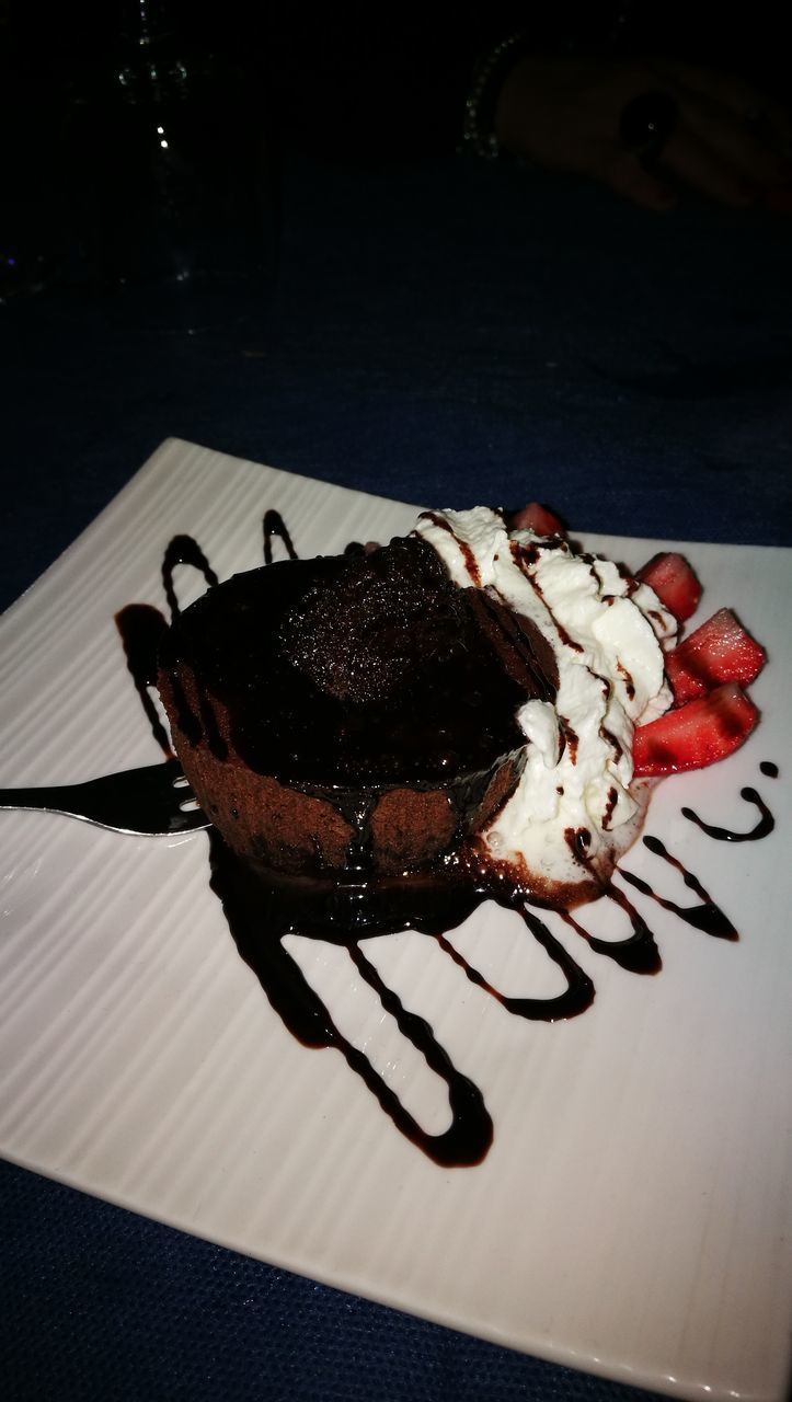 CLOSE-UP OF CHOCOLATE CAKE ON ICE CREAM