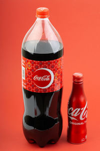 Close-up of beer bottle against red background