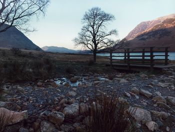 View of landscape with lake in background
