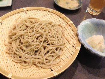 High angle view of noodles in plate on table