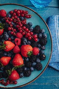 High angle view of strawberries in bowl