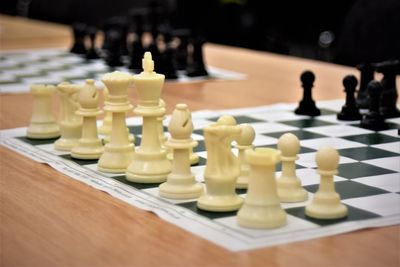 Close-up of chess pieces on board