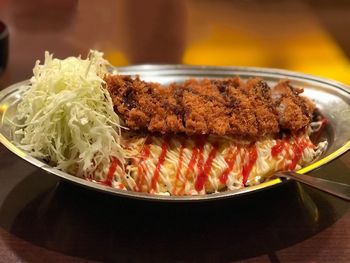 High angle view of food in plate on table