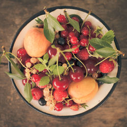 High angle view of strawberries in bowl on table