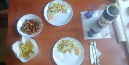High angle view of breakfast served on table
