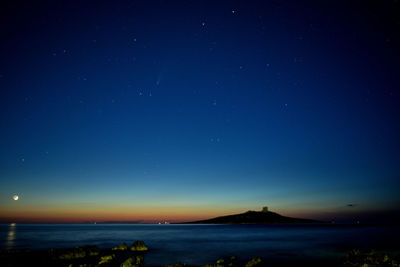 Scenic view of sea against blue sky at night