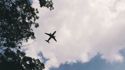 Low angle view of airplane flying against sky