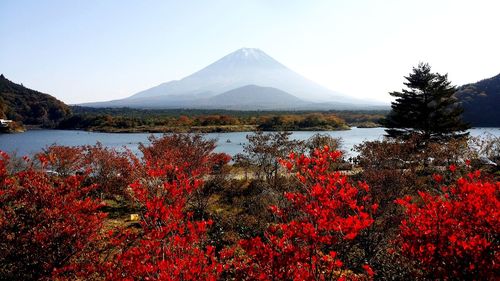Scenic view of lake by mountains against sky