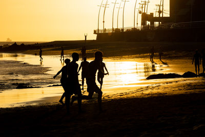 Rear view of people at beach during sunset