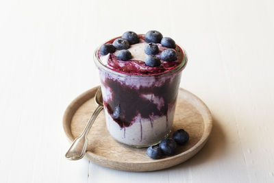 Close-up of dessert served on table