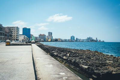 Panoramic view of sea and buildings against sky