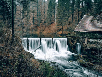 Long exposure image of waterfall in moody forest.