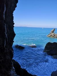 Scenic view of sea against clear blue sky