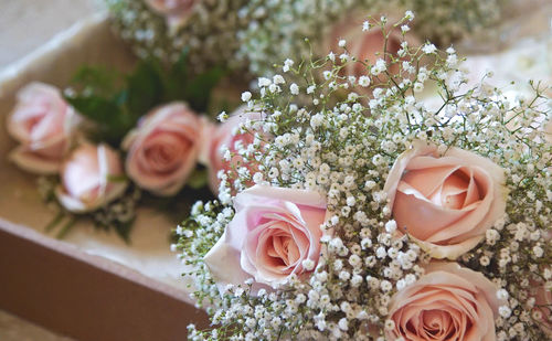 High angle view of rose bouquet on table