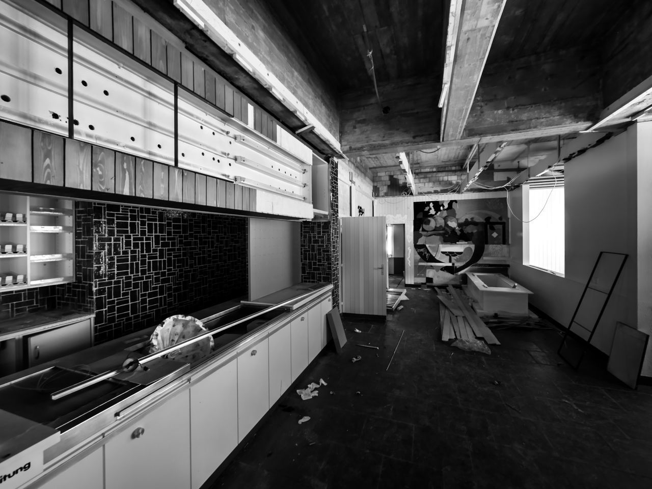 indoors, room, interior design, monochrome, black and white, architecture, domestic room, home, black, monochrome photography, sink, no people, house, built structure, flooring, kitchen, white, home interior, appliance, building, furniture, domestic kitchen
