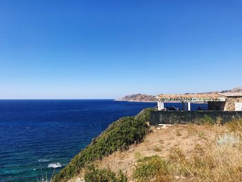 Scenic view of sea against clear blue sky